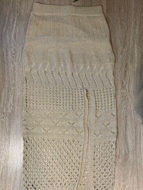 Hunter & Brown Crochet Maxi Skirt Metallic Gold Boho Slit Open Knit - Size M